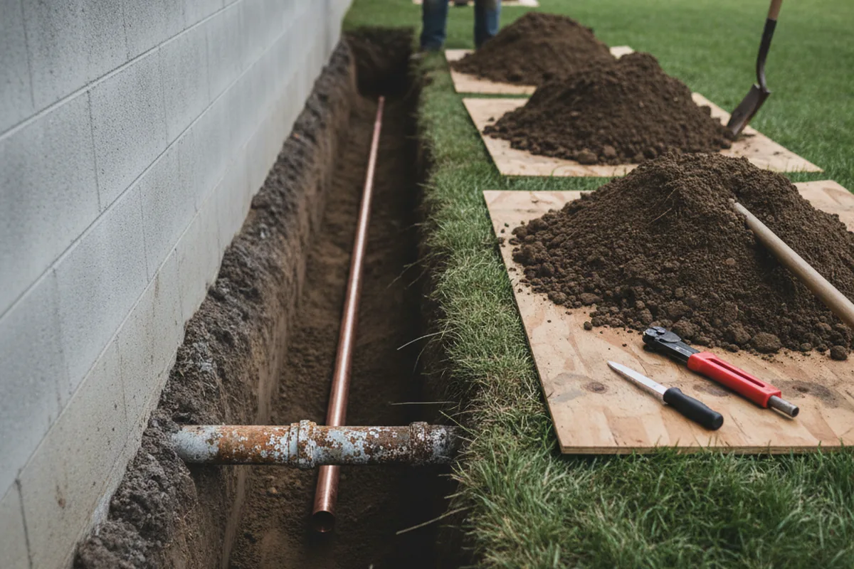 Excavated water line trench during Sewer Line Repair in Savoy